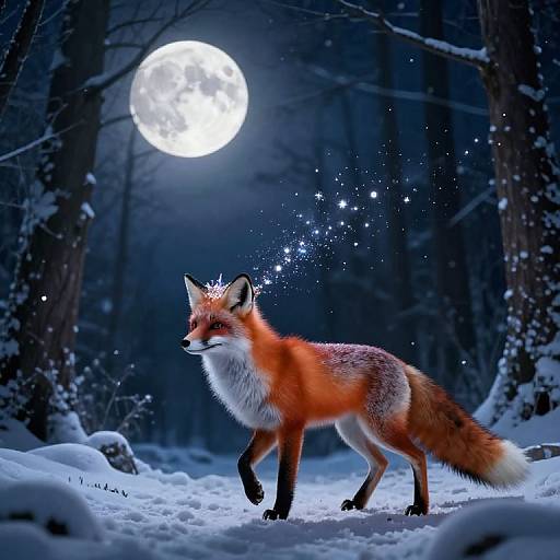 Photorealistic digital artwork of a red fox with sparkling fur, standing in a snowy forest under a bright full moon.