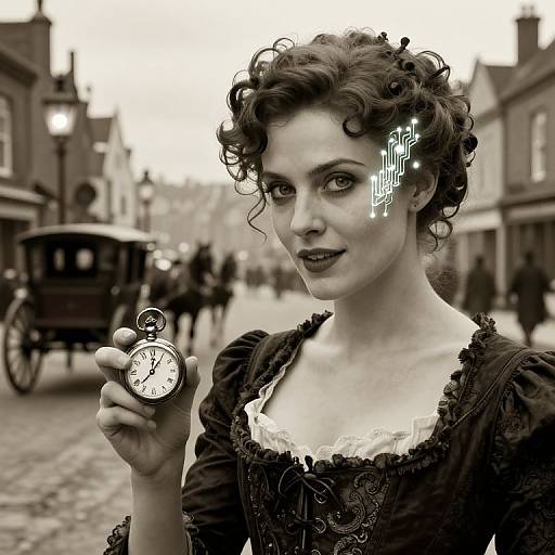 Black-and-white photograph of a curly-haired woman in Victorian attire holding a pocket watch, with glowing digital numbers on her temple, standing on a cobble