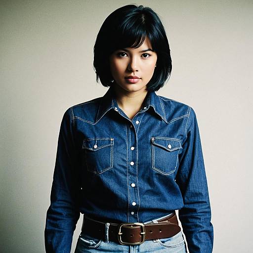 Young Woman in Denim Shirt and Leather Belt