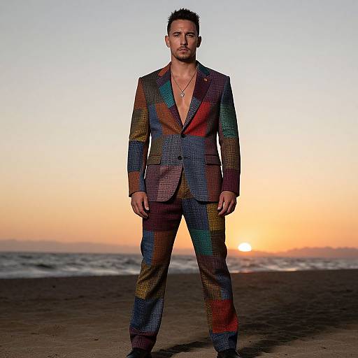 Photograph of a handsome man with short, dark hair and beard, wearing a colorful, checkered suit against a sunset beach backdrop.