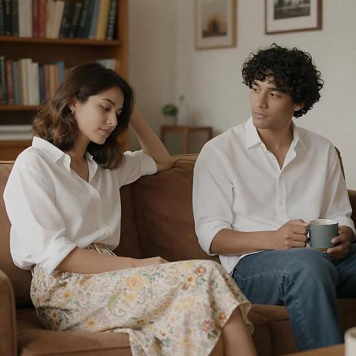 Two People Sitting on Couch in Warmly Lit Living Room
