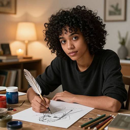 Photograph of a young Black woman with curly hair, wearing a black shirt, drawing with a white feather quill in a warmly lit, cozy room
