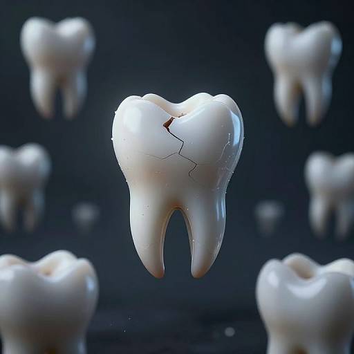 Photorealistic CGI of a cracked white tooth with visible fissure against a dark background, surrounded by blurred, identical teeth.