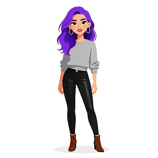 Digital illustration of a stylish woman with long purple hair, wearing a gray sweater, black leather pants, brown ankle boots, and large hoop earrings, standing