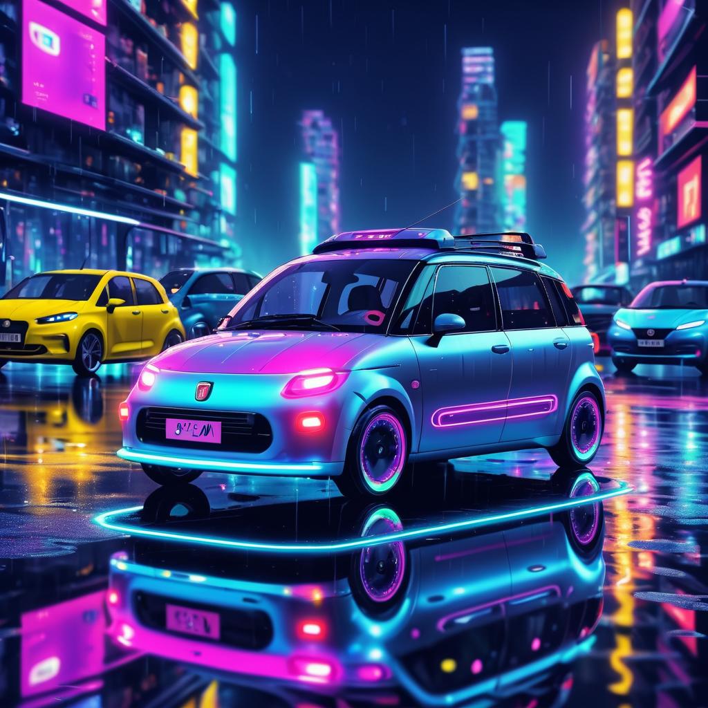 Cyberpunk Night Drive in a Silver Fiat