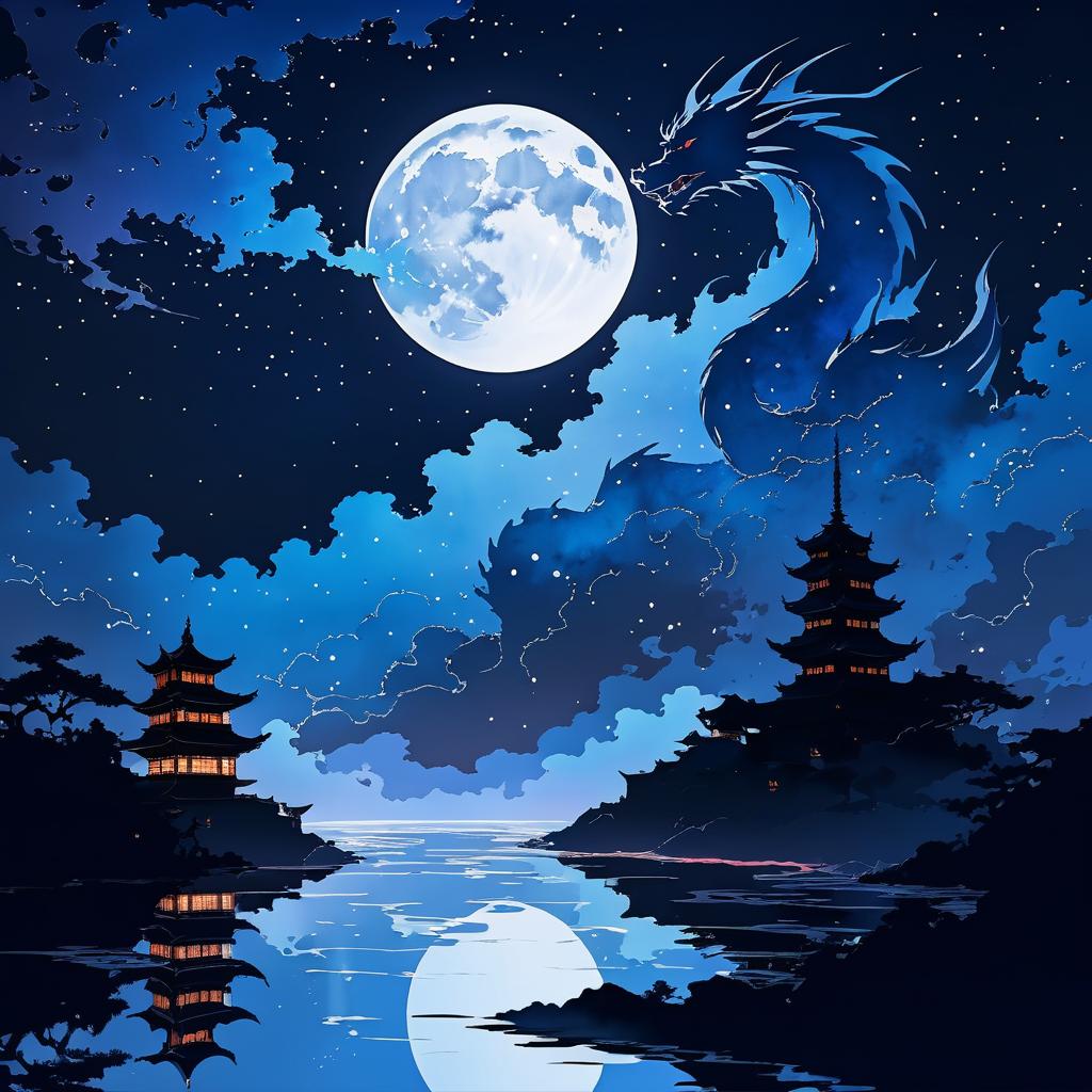 Moonlit Dragon Silhouette in Night Sky