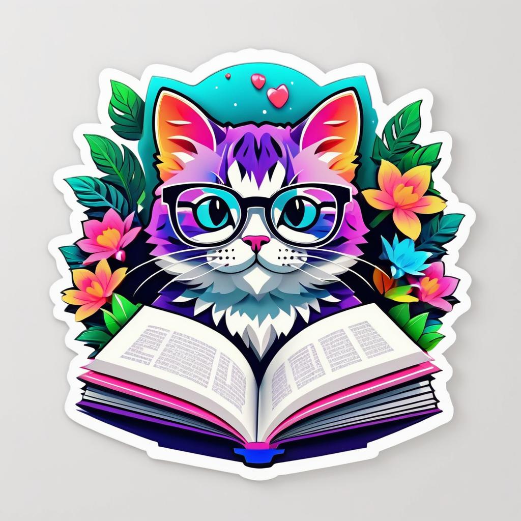 Vibrant Kawaii Cat Reading Sticker