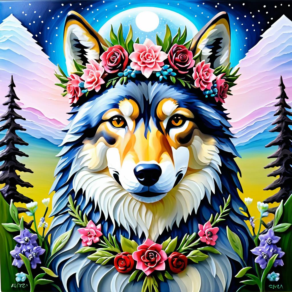 Surreal Wolf with Flower Crown Artwork