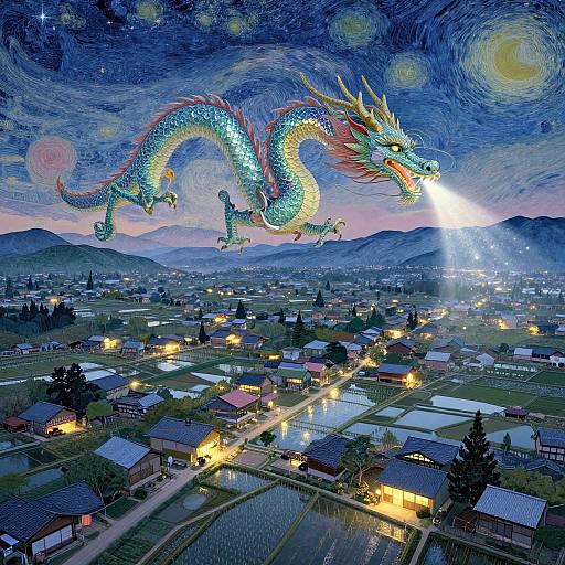 Digital artwork: Vibrant, shimmering dragon with multicolored scales soars over a serene village at sunset, illuminated by glowing lights and a radiant