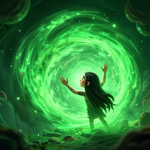 Digital illustration of a young girl with long black hair, wearing a green dress, standing in a glowing green energy vortex in a rocky cave.