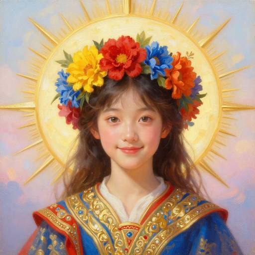 Young Girl with Floral Crown and Halo