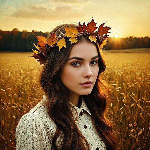 Serene Woman with Autumn Leaf Crown at Sunset