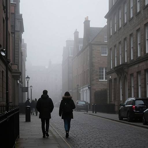 Foggy Streets with Silhouetted Walkers
