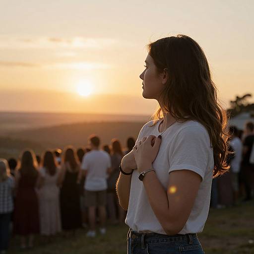 Photograph of a woman with wavy brown hair, wearing a white t-shirt and blue jeans, standing in a sunlit outdoor field, hands on