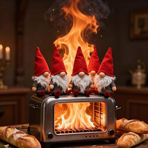 Photograph of three red-hatted gnome figurines standing on a silver toaster with flames, surrounded by baguettes, in a warmly lit room.