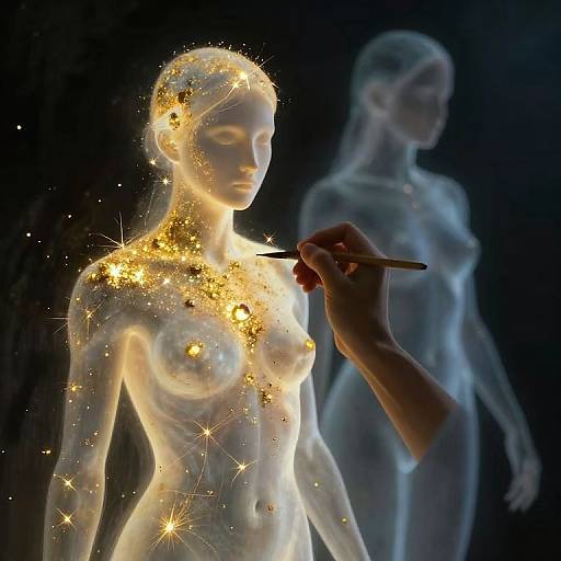 Digital artwork of a glowing, ethereal, nude woman with golden sparkles, being painted by a translucent hand holding a brush.