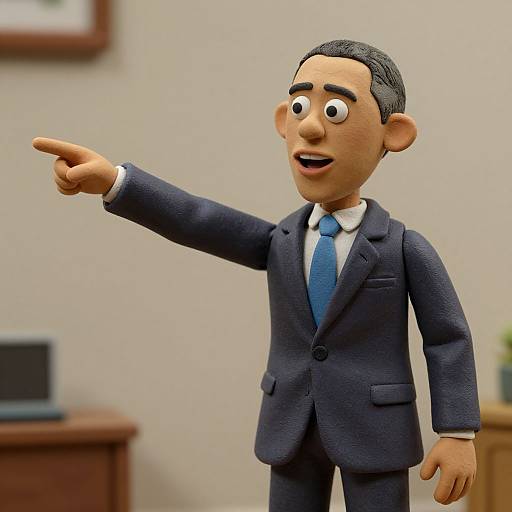 3D cartoon man in blue suit and tie, pointing to the left, with large expressive eyes, in a simple office room.