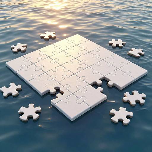 Photorealistic CGI: White puzzle pieces form a partially completed square on rippling blue water, with sunlight reflecting off the surface.