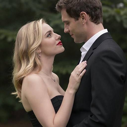 Photograph of a blonde woman in a black strapless dress and red lipstick, gazing up at a brown-haired man in a black suit, against