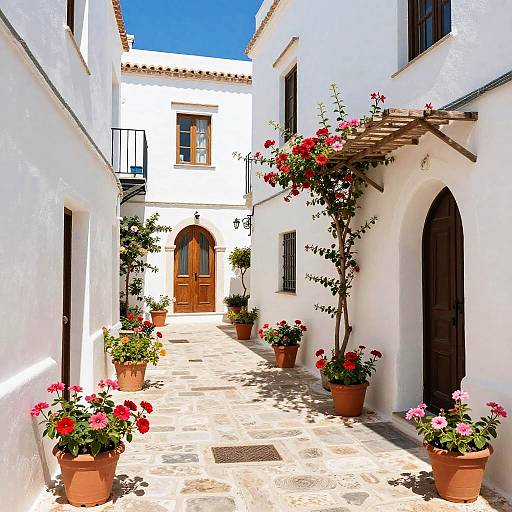 Sunlit Mediterranean Alleyway with Flowers