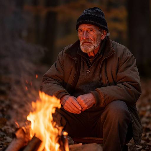 Elderly Man by Autumn Campfire