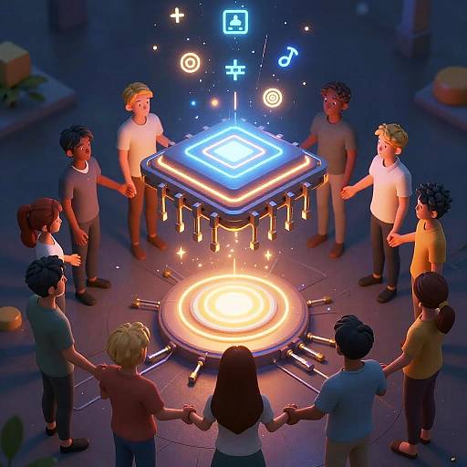 Digital illustration of diverse children holding hands around a glowing, holographic, neon-blue interface with icons, centered on a circular light platform.