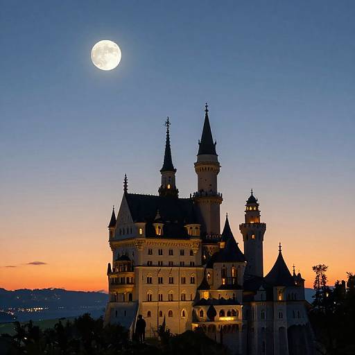 Photograph of a gothic-style castle at sunset, illuminated by moonlight, with a full moon in a deep blue evening sky.