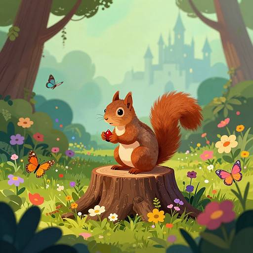 Digital illustration: Adorable red squirrel sitting on a tree stump in a vibrant, colorful forest clearing, with butterflies and flowers around, and a castle in