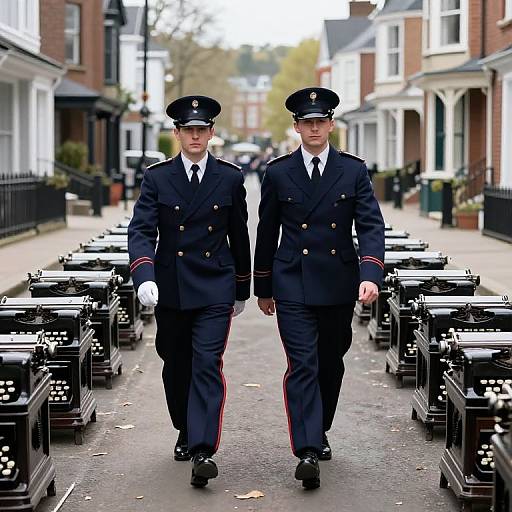 Photograph of two uniformed male military officers in dark navy double-breasted coats with red stripes, white gloves, and caps, walking down a suburban