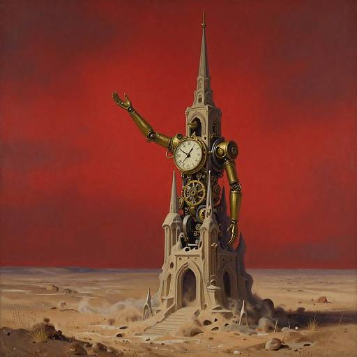 Digital art: A clockwork robot with gold arms and a white face, emerging from a crumbling stone church tower against a vivid red sky, amidst a