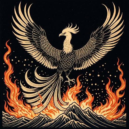 Vintage Traditional Japanese Phoenix Rising from Flames