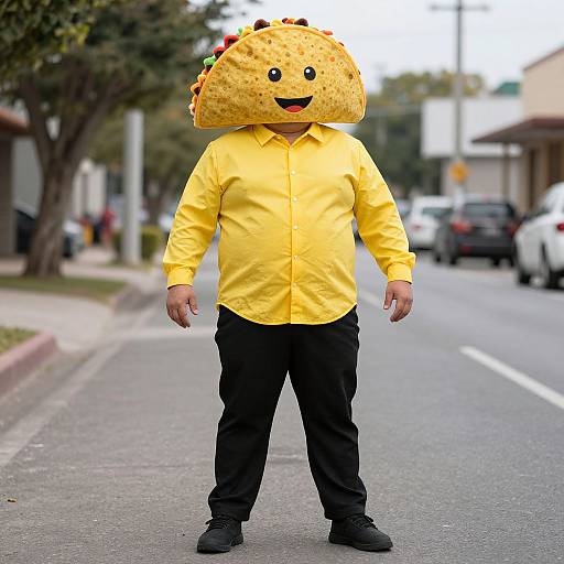 Photograph of a man in a yellow shirt, black pants, and a large, yellow taco costume with black buttons and a smiling face, standing on