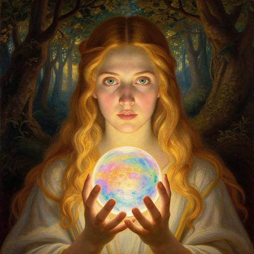 Digital painting of a red-haired woman with glowing green eyes, holding a radiant, multicolored orb in a dark, enchanted forest.