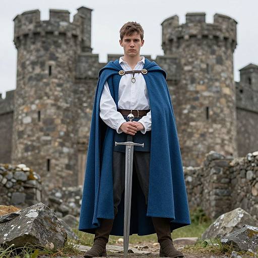 Photograph of a young man in medieval attire with a blue cloak, white shirt, and black pants, holding a sword before a stone castle. Over