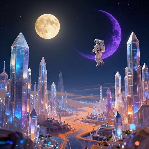 Digital artwork of a futuristic city with glowing skyscrapers, a full moon, a purple crescent moon, and a floating astronaut. Vibrant neon