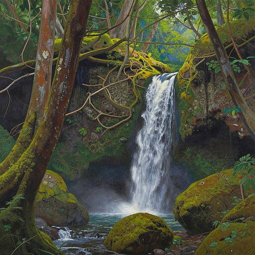 Photograph of a lush forest waterfall cascading over a moss-covered rock ledge, surrounded by tall trees with thick, mossy trunks.