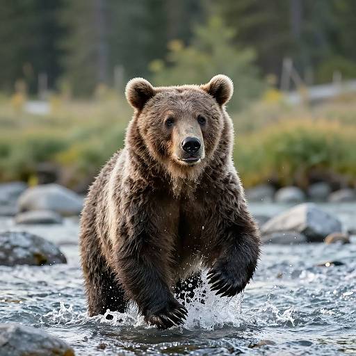Photograph of a large brown bear with wet fur, wading through a shallow, rocky stream in a forested area. Water splashes around its