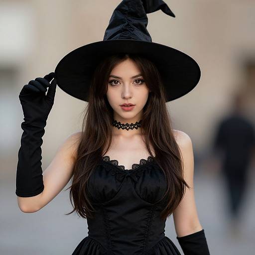 Photograph of a young woman with pale skin, wearing a black witch costume, including a hat, lace choker, gloves, and dress, standing