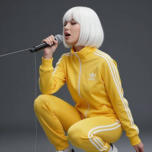 Photograph of a fair-skinned woman with a white bob haircut, wearing a yellow Adidas tracksuit, squatting and singing into a microphone against a