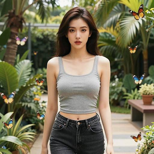 Photograph of an Asian woman with long black hair, wearing a gray tank top and black jeans, standing in a lush garden with vibrant butterflies and tropical