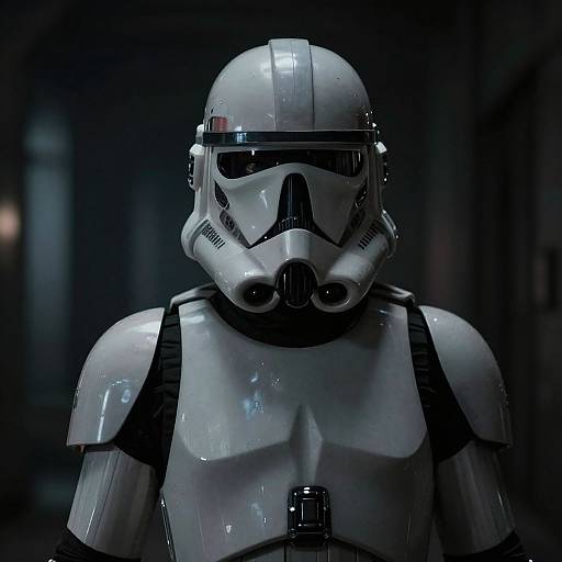 Photograph of a glossy white Stormtrooper helmet and armor, dark background, reflective surfaces, symmetrical design, futuristic sci-fi style.