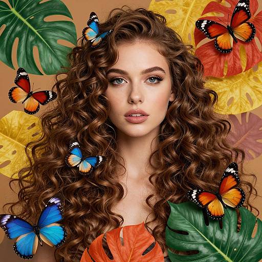 Photograph of a young woman with curly brown hair, blue eyes, wearing an orange top, surrounded by colorful butterflies and large tropical leaves against a brown