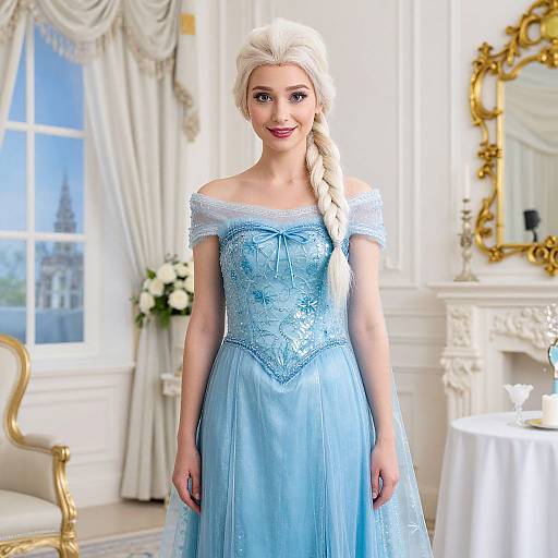 Digital artwork of a smiling young woman with long blonde hair in a braid, wearing an off-shoulder, light blue, ice-blue-emb