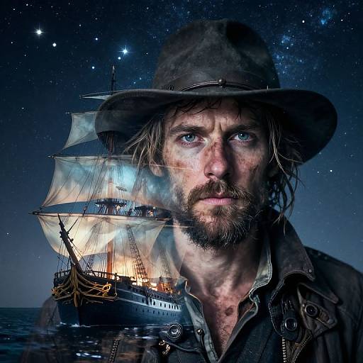 Photorealistic digital image of a rugged, bearded man with intense blue eyes, wearing a hat, staring at a glowing, illuminated ship at night
