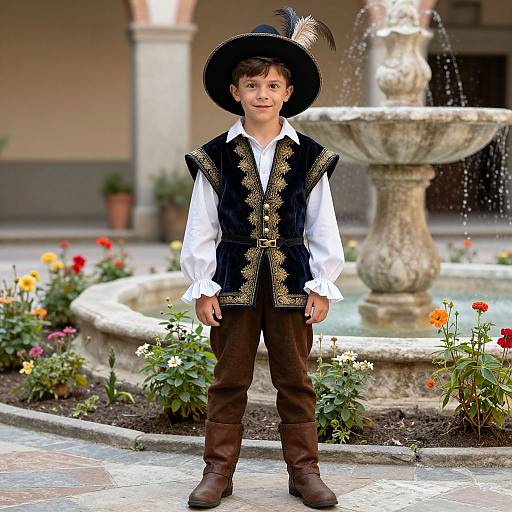 Photograph of a young boy in Renaissance-style clothing, black hat with feather, standing in front of a stone fountain with flowers, wearing white shirt,