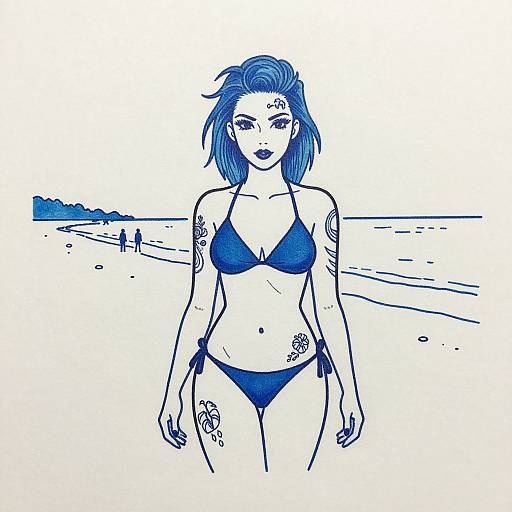 Digital line art of a tattooed woman in a blue bikini standing on a beach, with distant figures and shoreline.
