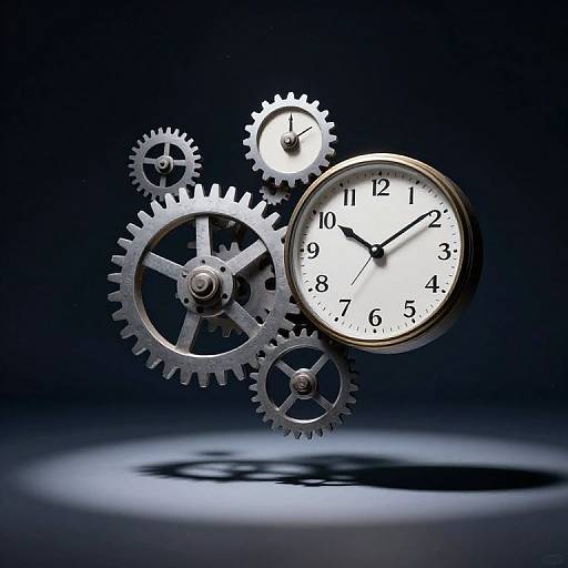 Digital illustration of interlocking gears and clocks against a dark blue gradient background, featuring a large analog clock with black hands and numbers, surrounded by smaller silver