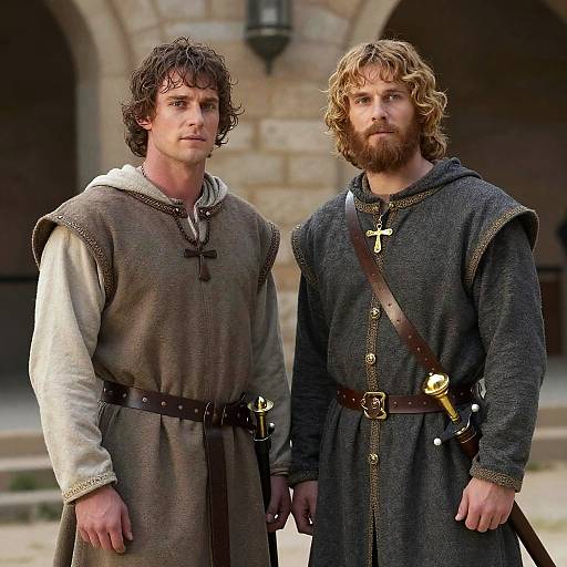 Photograph of two medieval men with wavy hair and beards, dressed in brown and gray tunics, standing in front of a stone archway