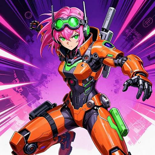 Digital anime-style illustration of a pink-haired, green-eyed female cyborg in an orange and black futuristic suit, with green goggles, dynamic pose, and
