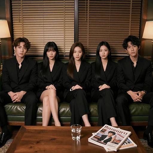 Five People in Suits on Green Couch